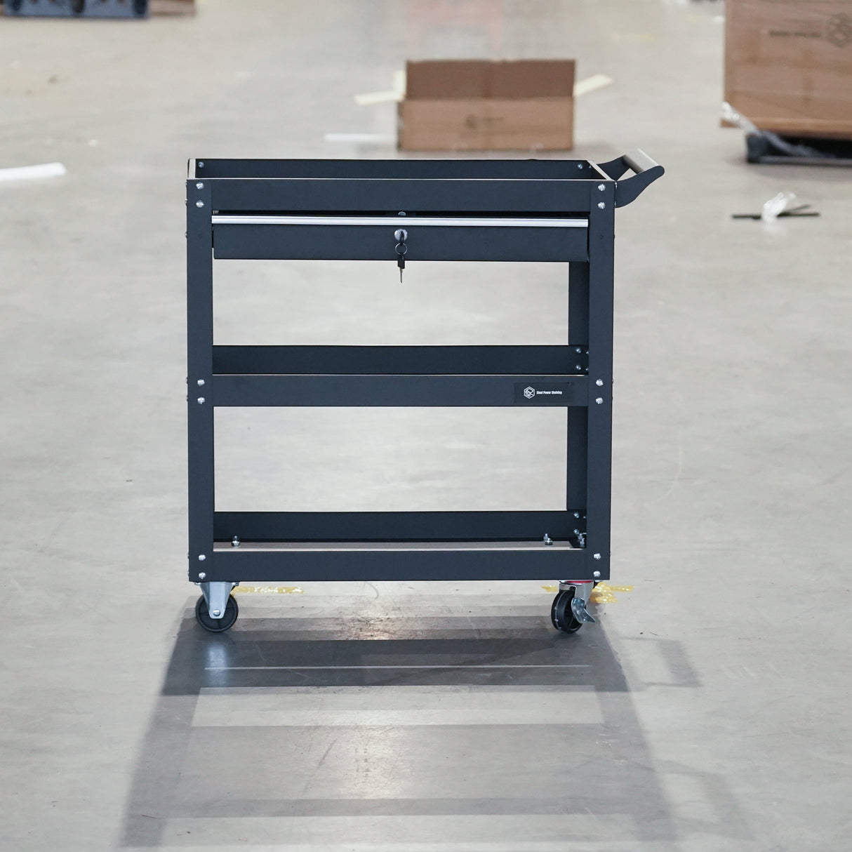 Heavy-Duty 3-Tier Tool Trolley Cart with Lockable Drawer and Wheels, Black Steel Utility Cart for Workshops and Garages