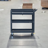 Heavy-Duty 3-Tier Tool Trolley Cart with Lockable Drawer and Wheels, Black Steel Utility Cart for Workshops and Garages