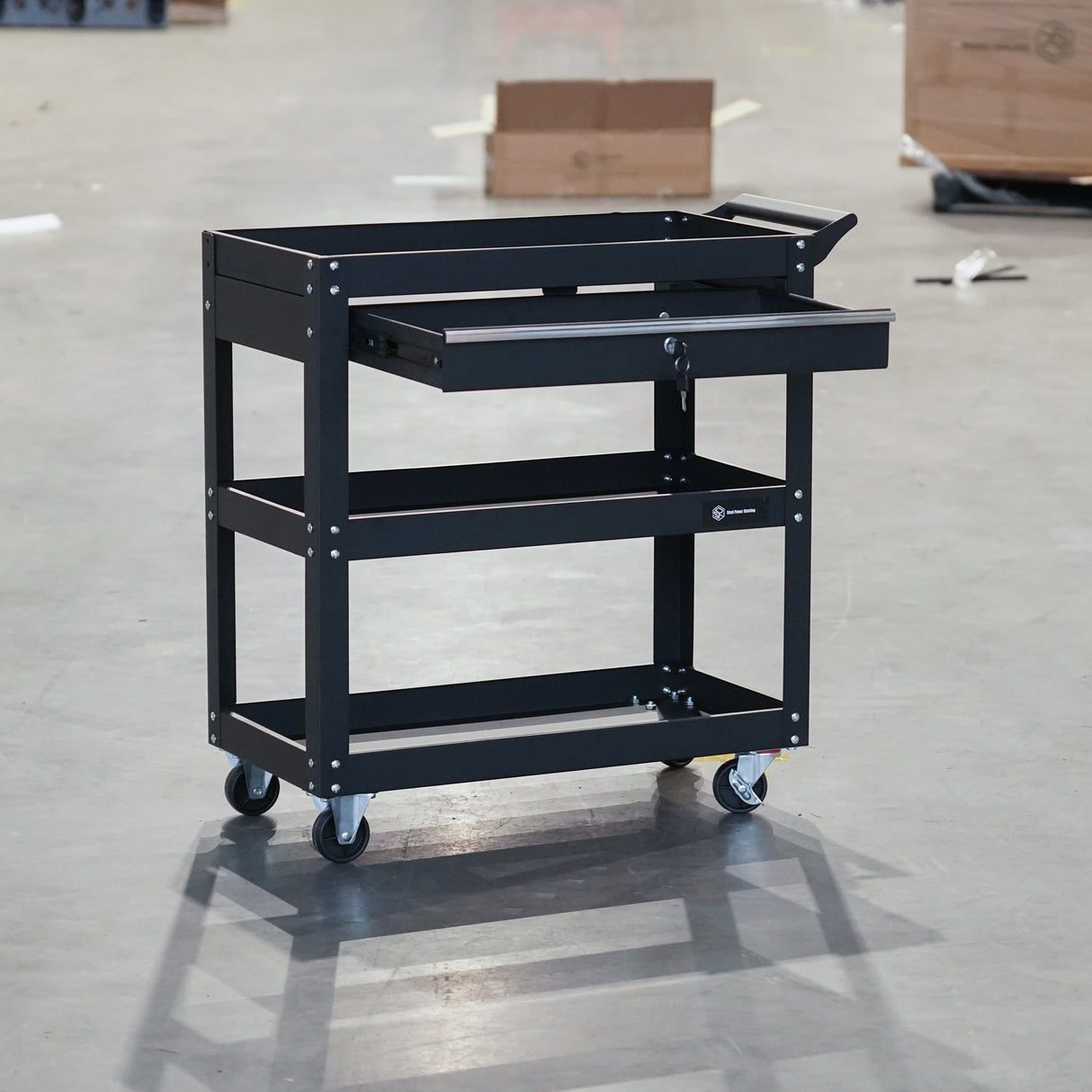 Heavy-Duty 3-Tier Tool Trolley Cart with Lockable Drawer and Wheels, Black Steel Utility Cart for Workshops and Garages