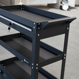 Heavy-Duty 3-Tier Tool Trolley Cart with Lockable Drawer and Wheels, Black Steel Utility Cart for Workshops and Garages