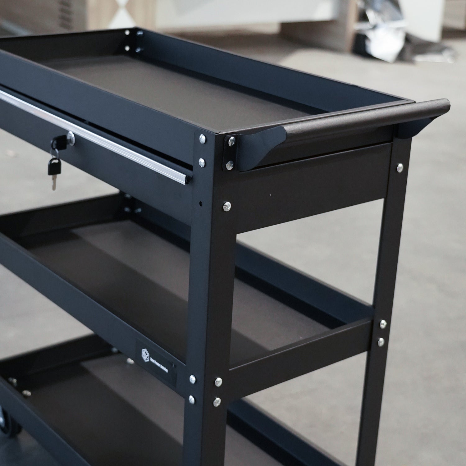 3 Tier Tool Trolley Cart with Lockable Drawer & Wheels – Heavy Duty Steel