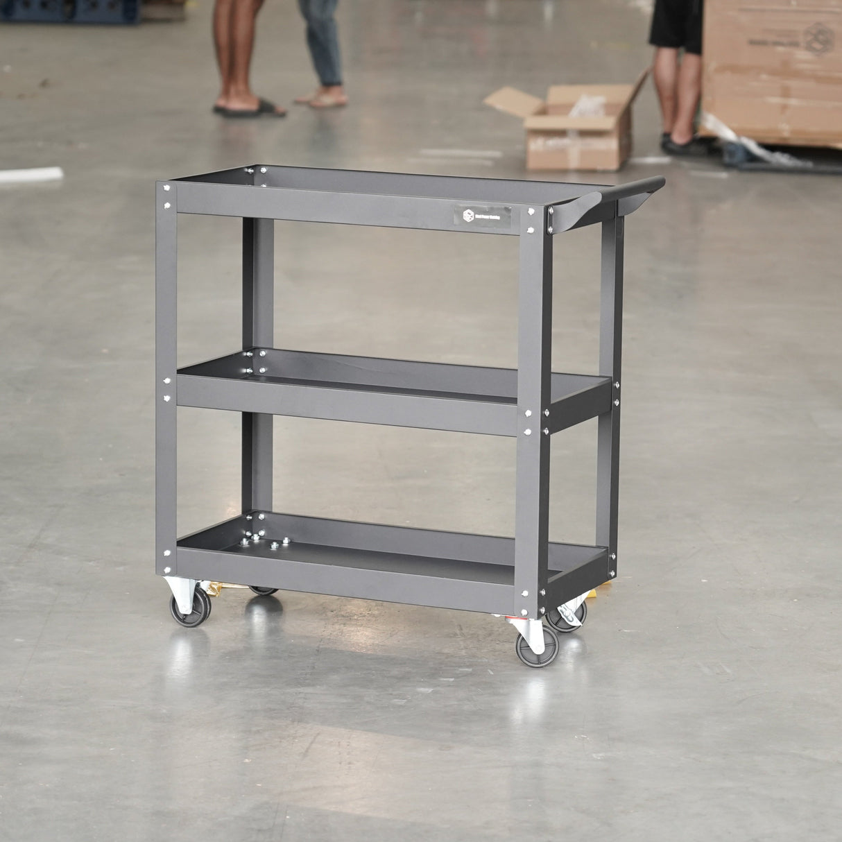 Heavy-Duty 3-Tier Tool Trolley Cart with Lockable Wheels, Black Steel Utility Cart for Workshops and Garages