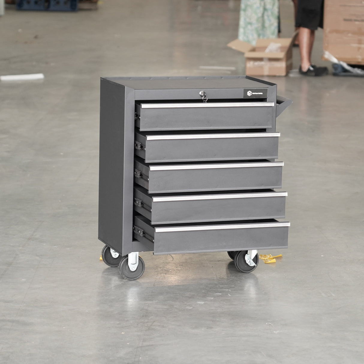 Compact 5-Drawer Tool Trolley with Lockable Wheels, Black Steel Rolling Tool Cart for Workshops and Garages