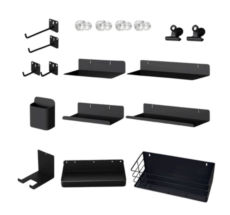 Pegboard Accessory Kit 12pcs – Magnetic & Adhesive Hooks, Shelves & Storage Set