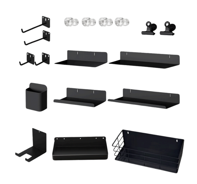 Pegboard Accessory Kit 12pcs – Magnetic & Adhesive Hooks, Shelves & Storage Set