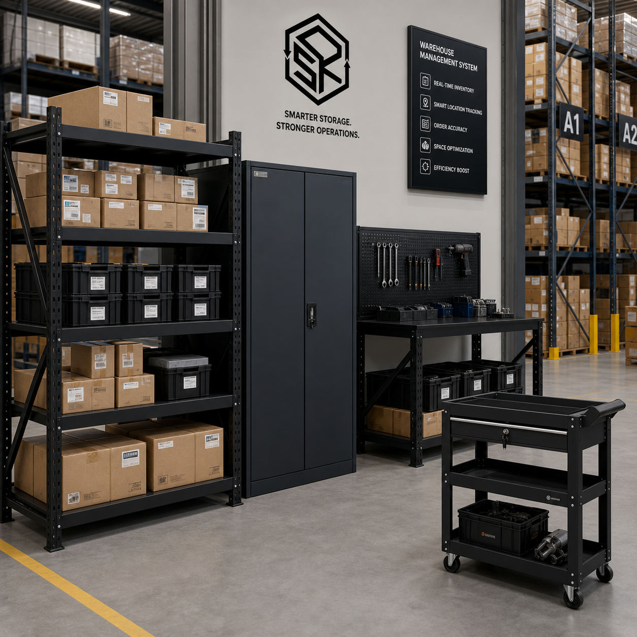 Heavy duty steel shelving, powder-coated black