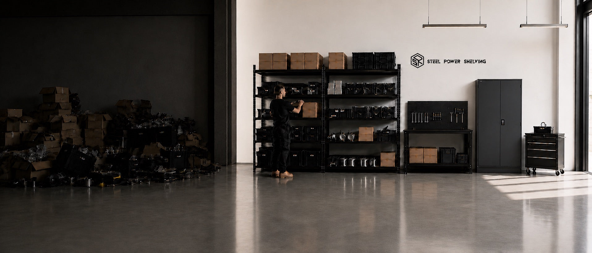 Steel Power 4m heavy duty double-bay steel garage shelving in warehouse
