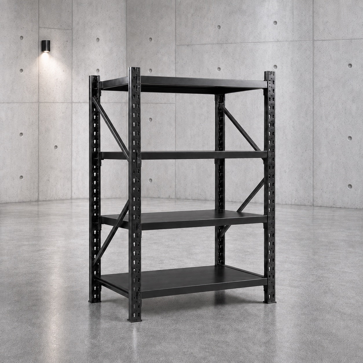 Black steel garage shelving on concrete