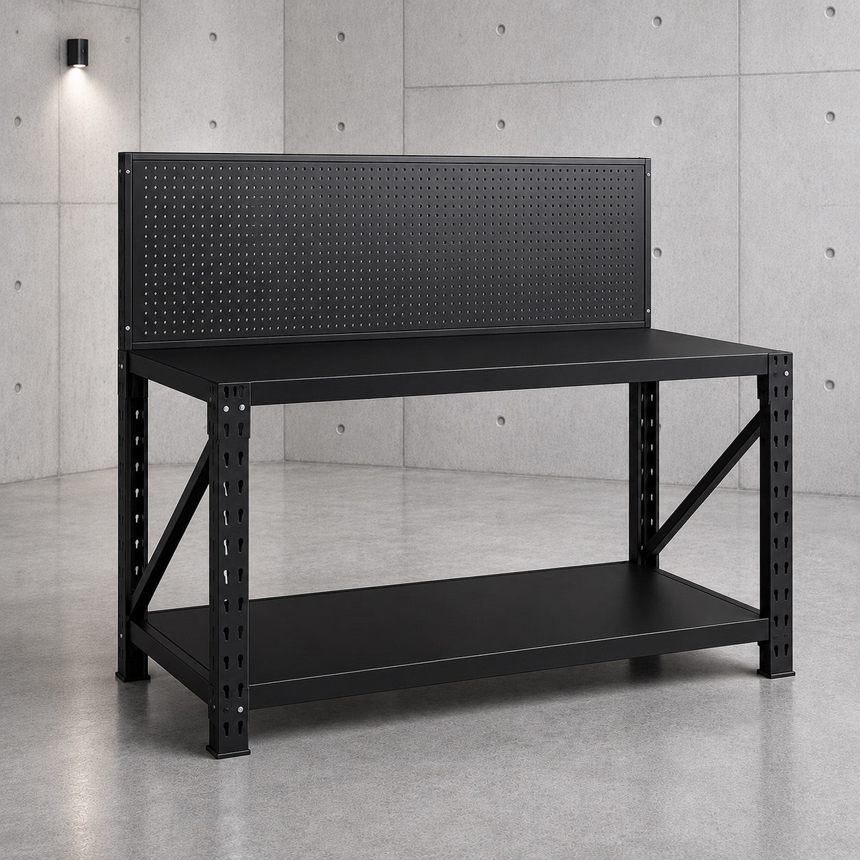 Steel workbench with pegboard outside warehouse